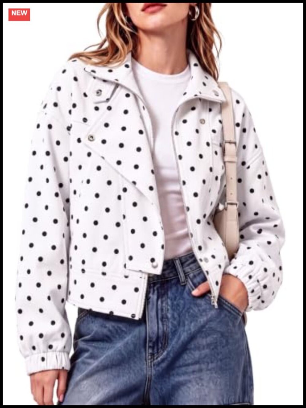 Polka Dot Cropped Moto Jacket with Hidden Zipper, Casual Spring Fall